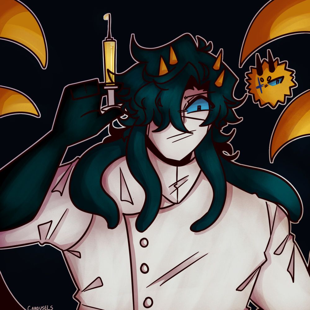 A drawing of a character in doctor apparel, wielding a syringe with an unknown bright, yellow substance dripping from the needle. His expression is intense, eyebrow scrunched and eye curved upwards with his pupil constricted. He wears a medical mask, one eye not visible to the viewer beneath bangs that fall over half of his face and stop where the ears would end. His dark teal hair melds into four tentacles, which all fall over his shoulders. There are 4 yellow tentacles that surround him from either side, with a small, fluffy creature in similar colors floating between two of the tentacles to the right. The posing is reminiscent to that of a screencap of Herbert West from "Re-Animator."