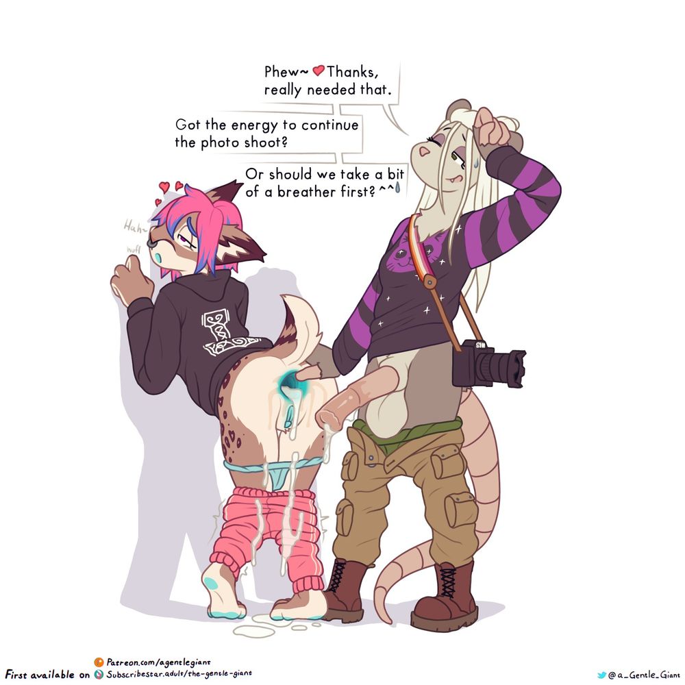 #furryart #art #gape #casual sex #anal #creampie

Both are partially clothed. Safayya leaking Oli's cum as Oli pulls out of her now gaping asshole.

Oli: Phew~ ♥ Thanks, really needed that. Got the energy to continue the photo shoot? Or should we take a bit of a breather first? ^^'