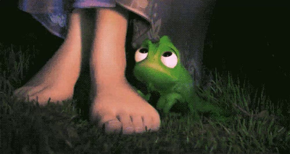 a green frog is standing next to a person 's foot