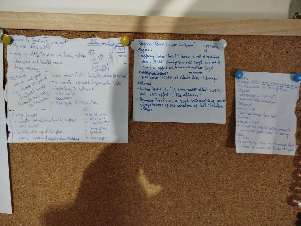 My RPG notes on a corkboard