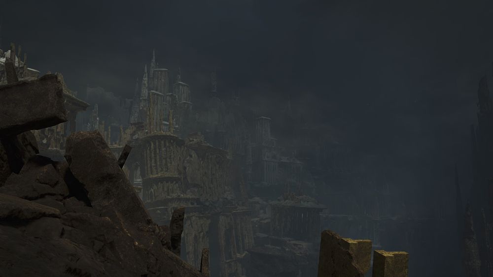 Screenshot from Monster Hunter Wilds of one of the locales, a series of ruins, shrouded in fog