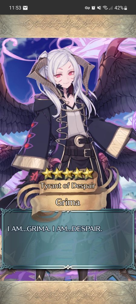 Screenshot of the summoning results screen of Fire Emblem Heroes. The summoned hero is a 5-star Female Grima