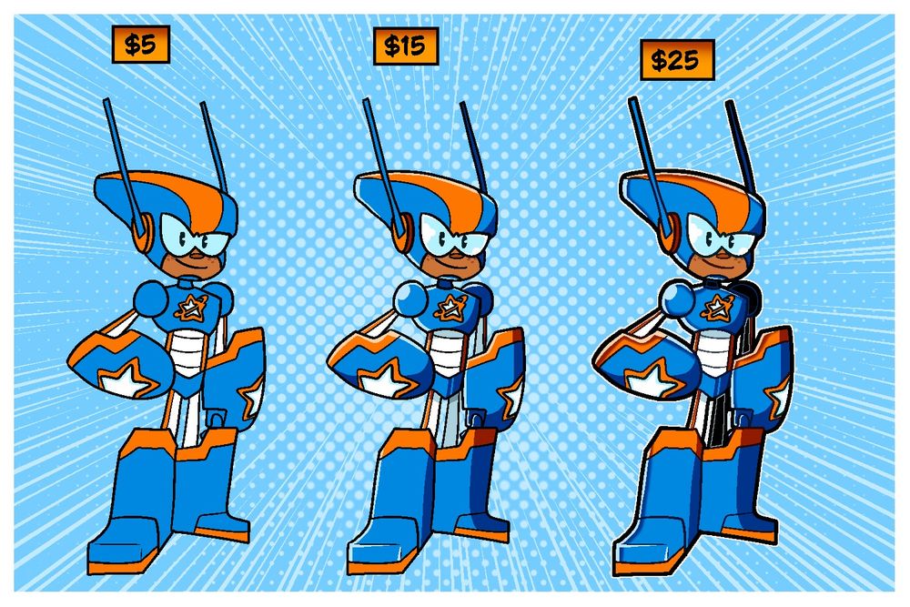 Three separate payment tiers for commision. Flat colors, shading, and extra detail.
