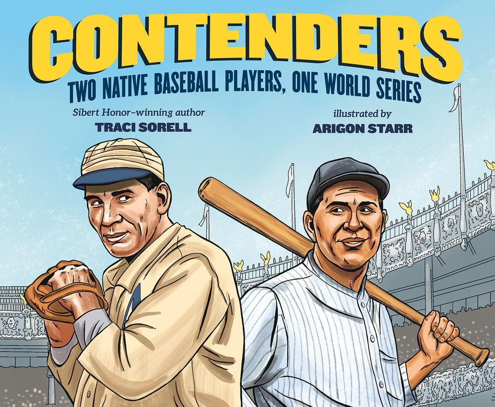 Two Native baseball players on the cover of children's book "Contenders."