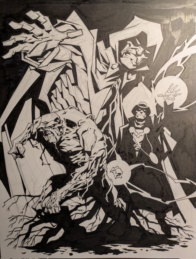 A depiction of DC's Spectre, Swamp Thing & Phantom Stranger by comic book artist Phil Hester (me).