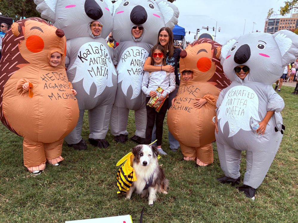 Griff the dog meets a group of hedgehogs and koalas at the Kansas City No Kings March