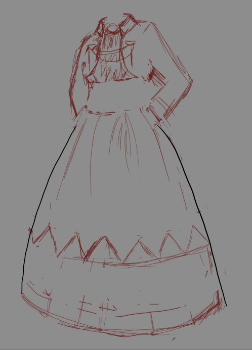 a sketch of an outfit with a long skirt, blouse, and jacket