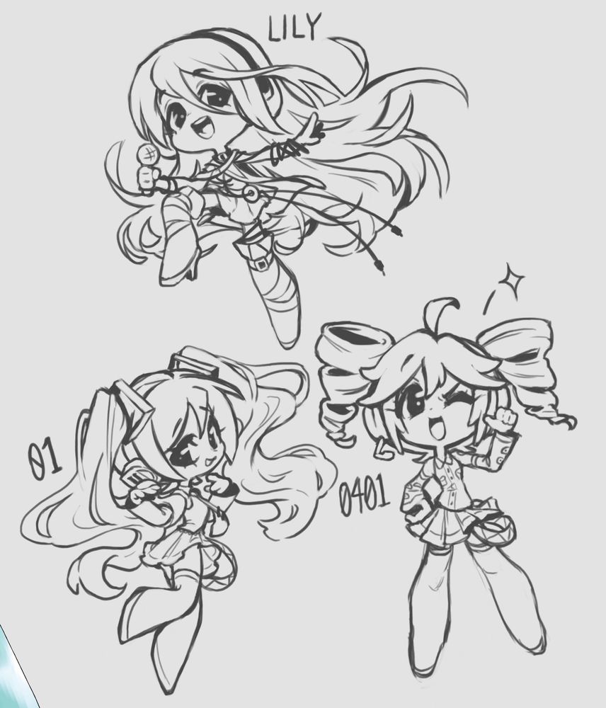 chibi sketches of hatsune miku, teto, and lily for possible future charms