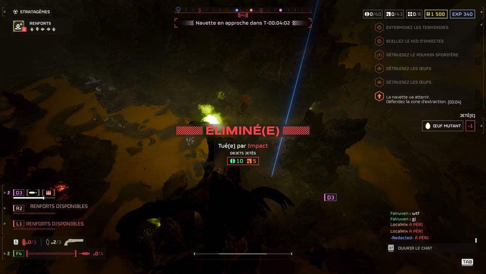 Screen d helldivers 2 , mon personnage est dans les airs, mort, au dessus d'une paysage marécageux et Rocailleu