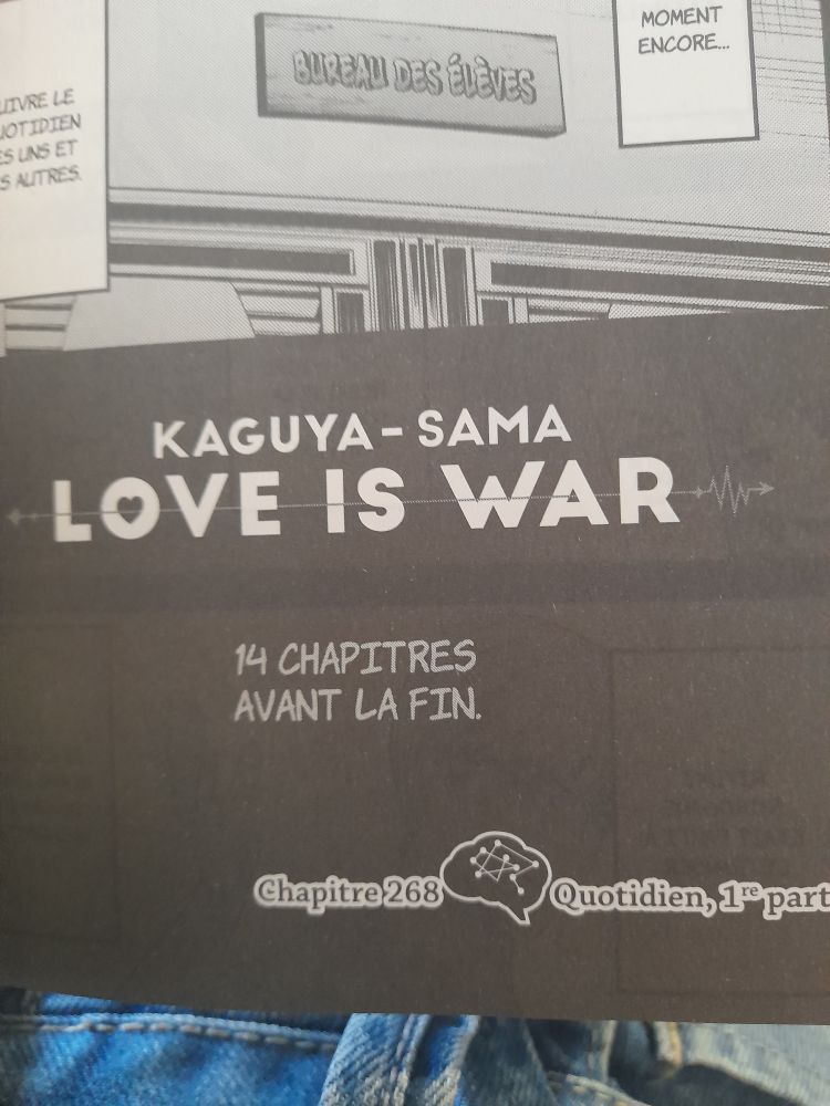 Photo d'une page du tome 27 de Kaguya sama Love is war

En dessous du titre est écrit "14 chapitres avant la fin"

