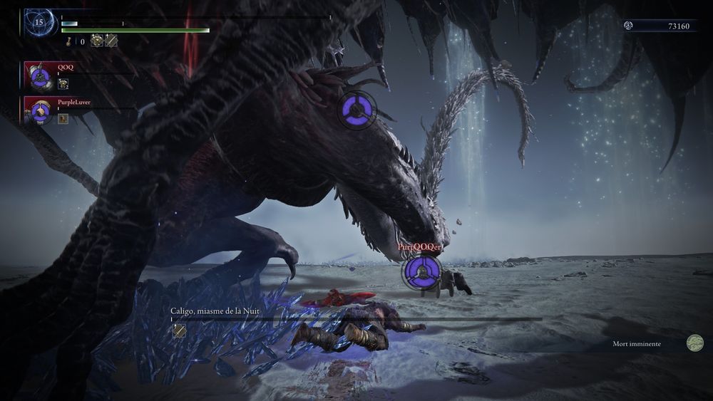 Screen du Jeu Nightrreign. 

Le joueur fait face a un immense dragon. 

 on peu voir que la bar de vie du Boss était presque a 0 