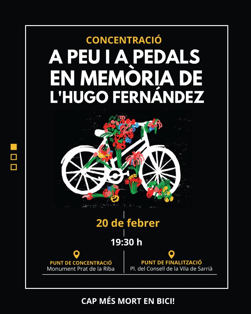 Text in Catala announcing a protest in Barcelona in memory of a cyclist killed there. Picture of a white bike with flowers