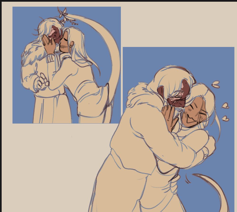 Two figures kissing under a mistletoe, the next panel is the older figure holding the younger one close