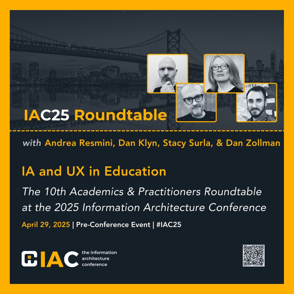 Graphic promoting the 'IA and UX in Education' workshop at IAC25. The subtitle reads 'IA and UX in Education: The 10th Academics & Practitioners Roundtable at the 2025 Information Architecture Conference.' The IAC logo appears at the bottom left, and a QR code is visible in the bottom right. Images of the four facilitators are shown in yellow-framed squares: Andrea Resmini (bald with a beard), Stacy Surla (with glasses and gray hair), Dan Klyn (with glasses and a beard), and Dan Zollman (with beard). The background is a grayscale image of a bridge over a cityscape. The design uses a black and yellow color scheme.