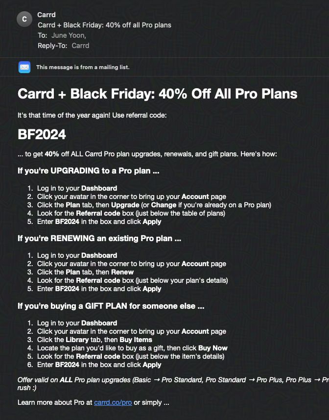 Screenshot of email promoting Carrd's sale