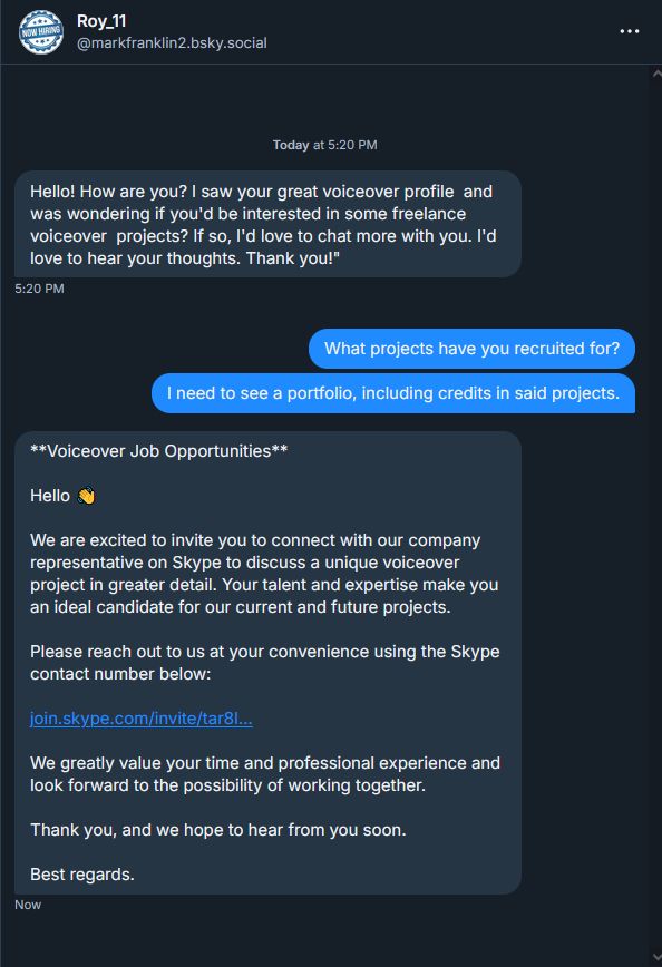 DM conversation of a scammer, phishing in a voice actor