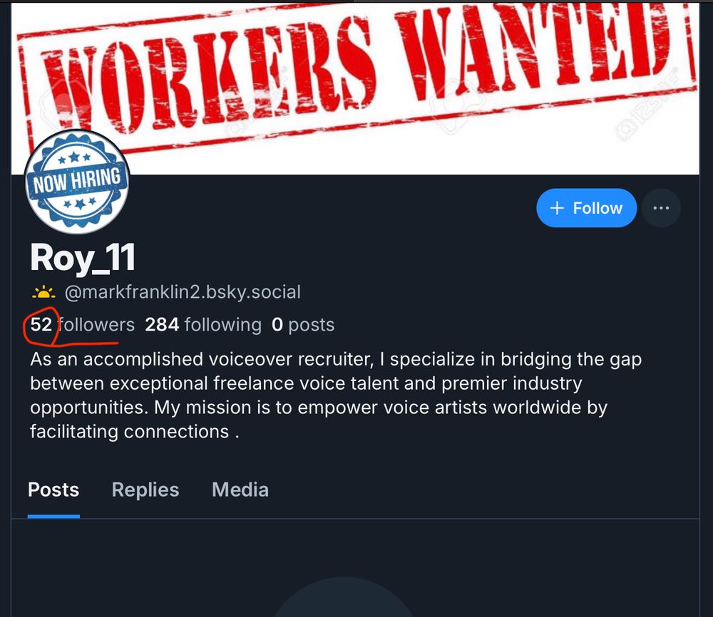 Screenshot of a Bluesky account that has been sending scam DMs to voice actors