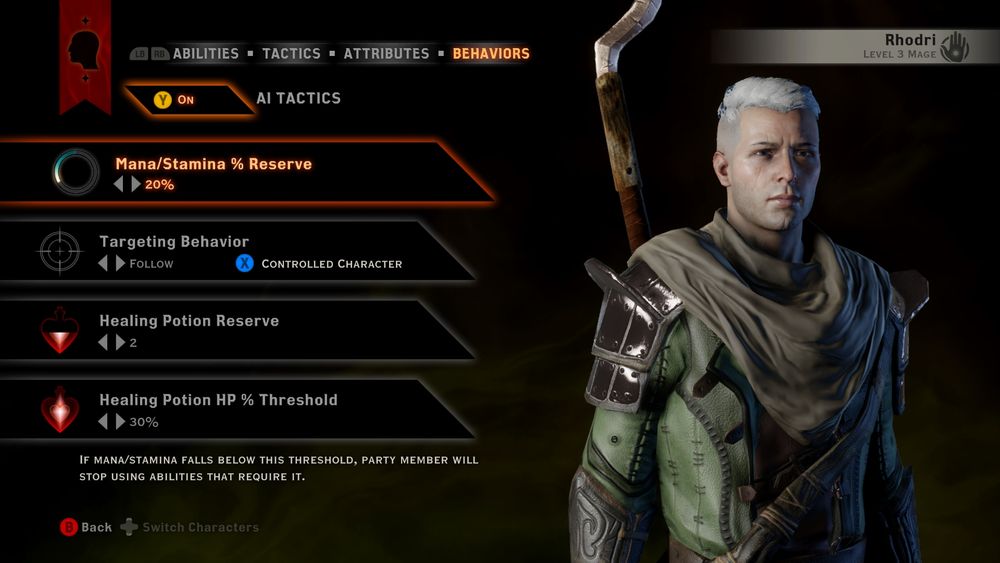 A screenshot of the character inventory for Rhodri Trevelyan, a level 3 human mage with default equipment, in Dragon Age: Inquisition.