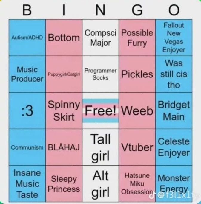 trans bingo card with the following options, from top left, 5 columns; autism/adhd, bottom, compsci major , possible furry, fallout new vegas enjoyer, music producer, puppygirl/catgirl, programmer socks, pickles, was still cis tho, :3, spinny skirt, free!, weeb, bridget main, communism , blåhaj, tall girl, vtuber, celeste enjoyer, insane music taste, sleepy princess, alt girl, hatsune miku obsession, monster energy