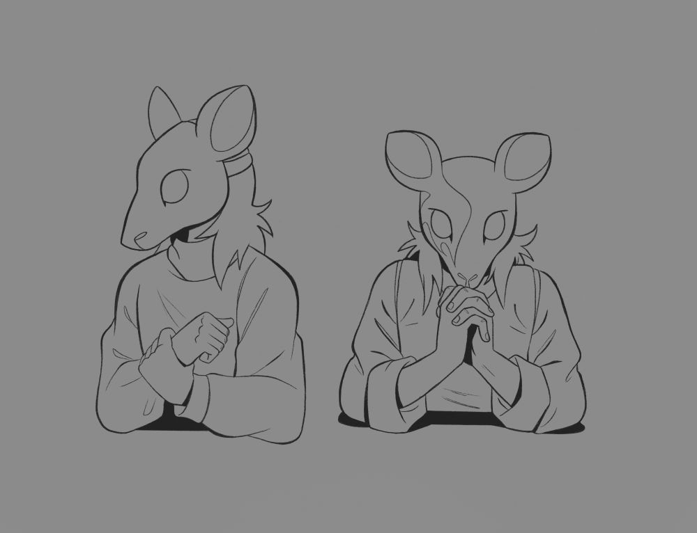 Two sketches of a person in a rat mask. In the first, they are holding their wrist, in the second, they are looking at the viewer with their hands folded.