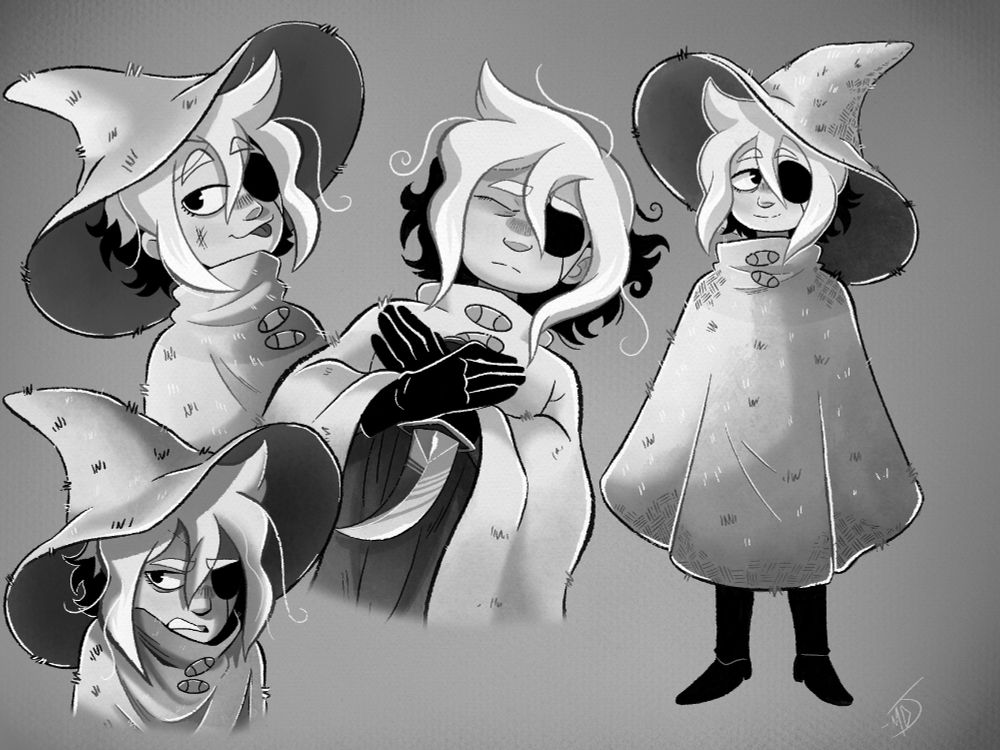 Four drawings of Siffrin from In Stars and Time. In the top left corner, they are making a cat face and sticking their tongue out. Below that he has his head down looking upset and frustrated. In the middle they are lying on their back, hat-less, with their knife held to their chest in a resting position. The final drawing to the right shows him smiling and looking off to the side, calm.