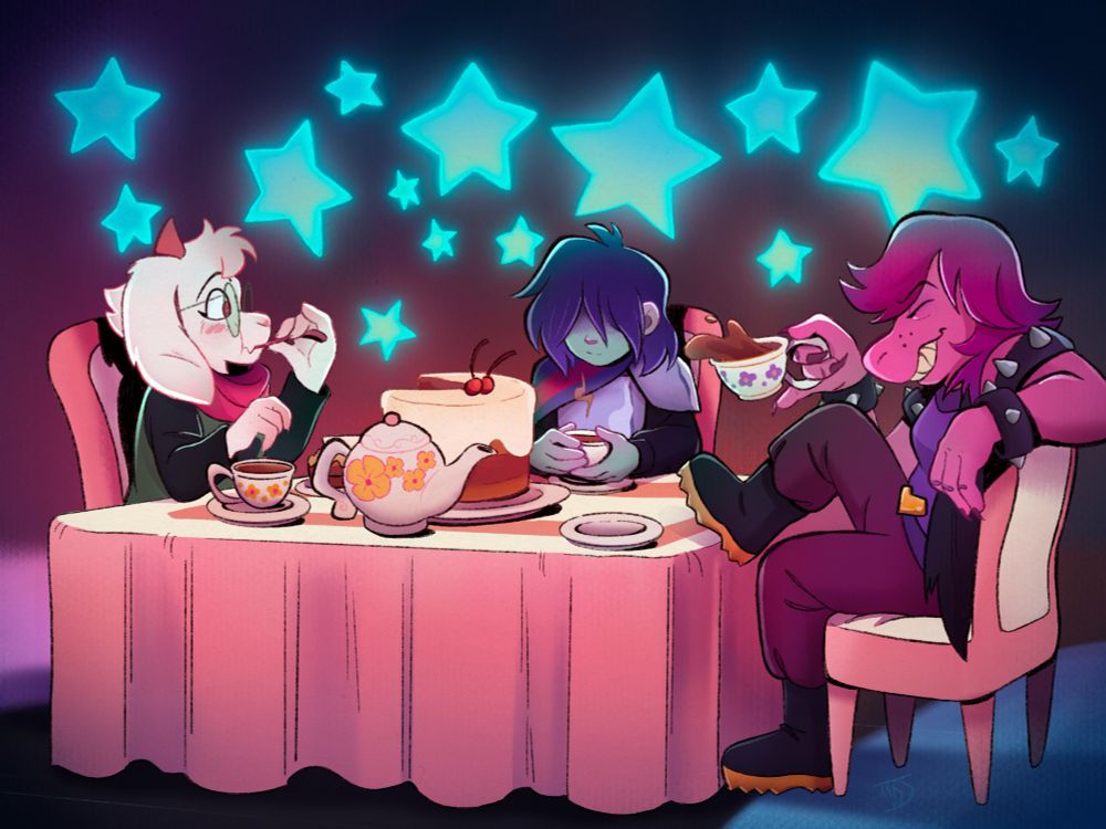 A drawing of Kris, Ralsei and Susie from Deltarune having a tea party. Susie is leaning back in her chair with a grin while Ralsei eats a piece of cake and blushes. Kris is warming their hands on their teacup and smiling ever so slightly.