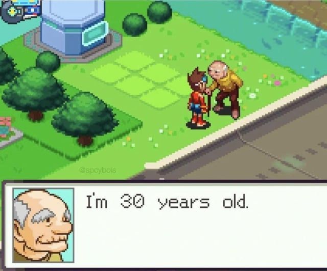 Screenshot from Mega Man Star Force in which a visibly old man, hunched over with a cane and balding grey hair, says "I'm 30 years old."