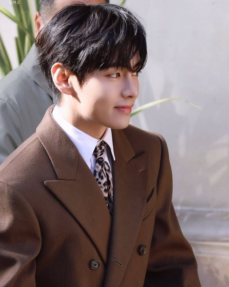A photo of Tae's side profile. He's looking off to the right with a slight close-lipped smile. The sunlight illuminates him from behind. We get a good look at his leopard print tie and his upper body. The background is a slightly blurry gray concrete wall. A man, presumably a bodyguard, is standing behind Tae but he's mostly covered up by Tae himself