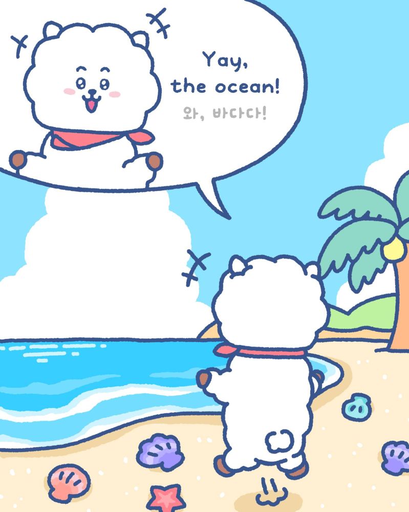 A comic of RJ (a white alpaca that Jin created, part of the BT21 character line) standing on a beach, looking at the sea. Lots of seashells are lying on the sand. "Yay, the ocean!" RJ says with sparkly eyes. The original Korean is 와, 바다다!