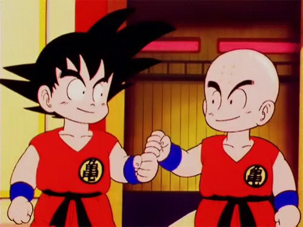 goku and krilin from dragon ball shake hands in a cartoon