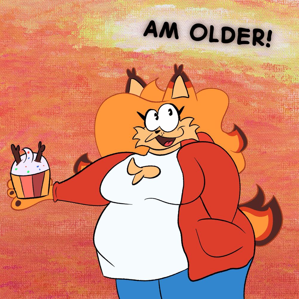 Pawki holding a cupcake in her right hand while looking up at text saying, “Am Older!”