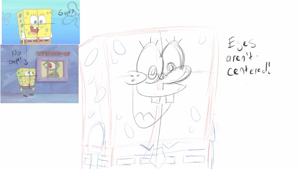 Messy sketch of SpongeBob smiling, showing his eyes aren’t supposed to be centered. On the left is two images. The top is a still from Season 14, showing a more prominent gap on the top of his body. The bottom image is one from Season 1, where there isn’t as much of a gap from the top of his body due to the higher placement of his face.