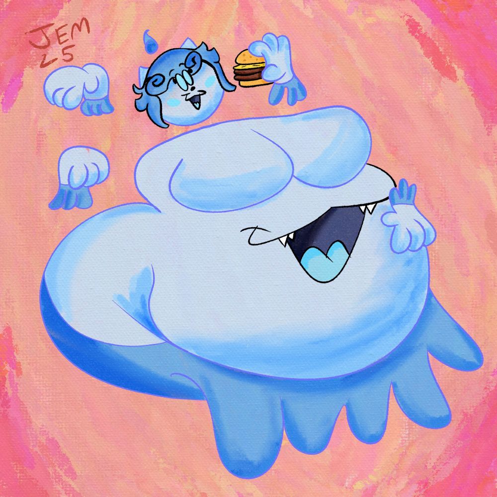 Alma holding a burger while smiling at the viewer, ready to devour said burger.