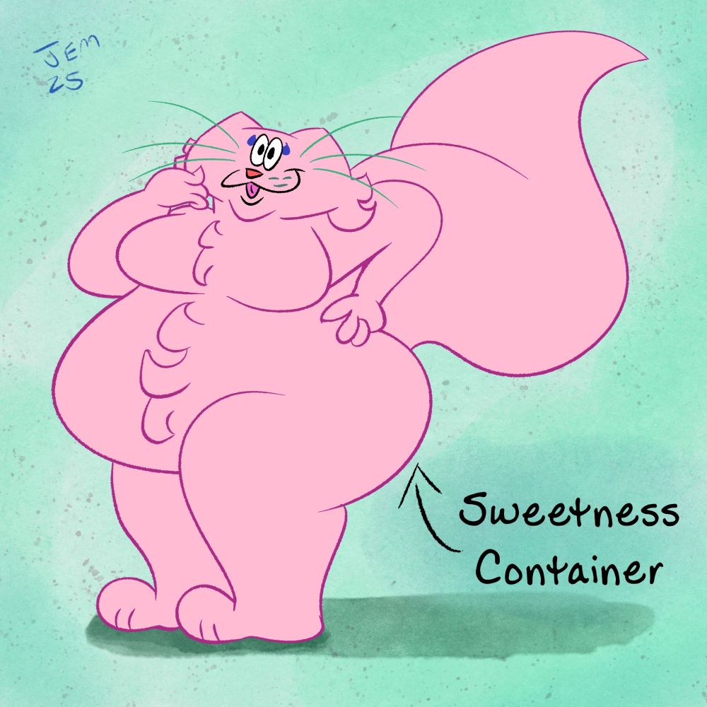 Frida giving a cheeky blep with her right index finger pressed against her face and left arm at her hip. The text points to her bum and says, "Sweetness Container."