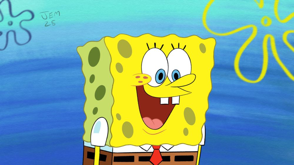 My drawing of SpongeBob looking down towards an off-screen Plankton, mouth open in a smile. Digital background version.