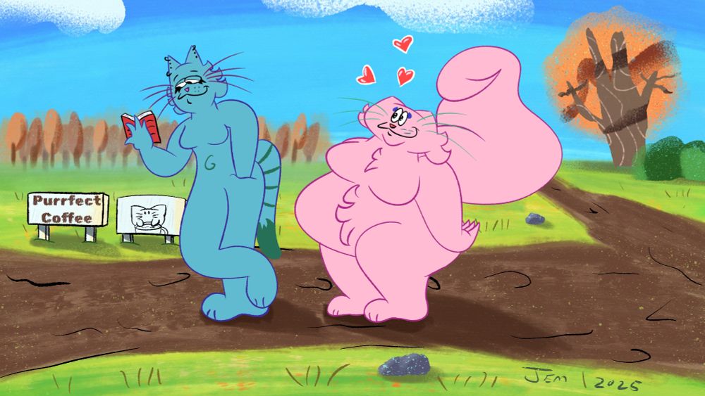 Emma is on the left-hand side reading a book. Frida next to her is staring passionately at Emma while their coffee is being made.