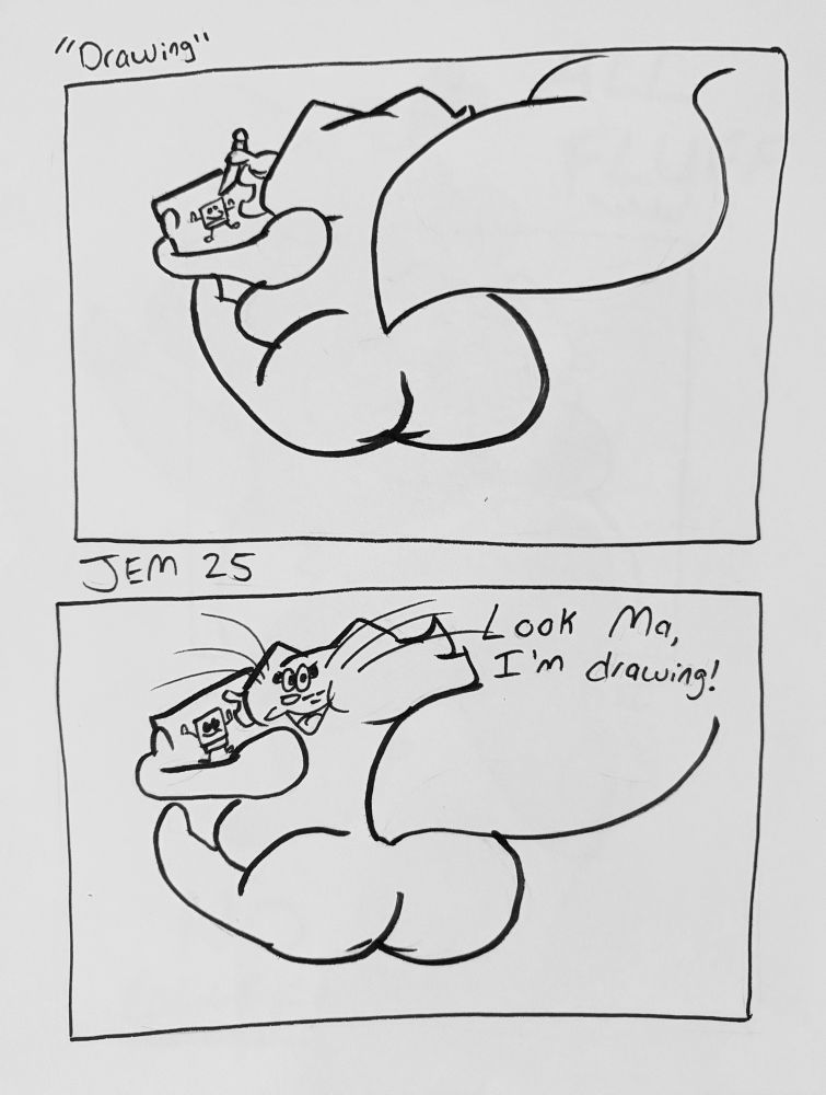 1st panel: Frida facing away from the camera, drawing on a tablet.

2nd panel she looks at the camera, and says, “Look Ma, I’m drawing!”