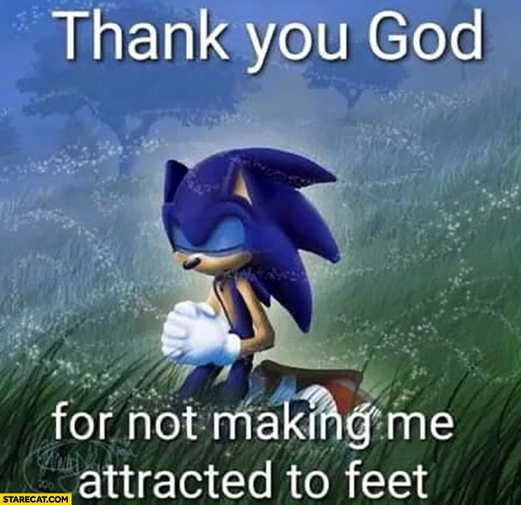 Meme of Sonic the Hedgehog praying with the caption "Thank you God for not making me attracted to feet"