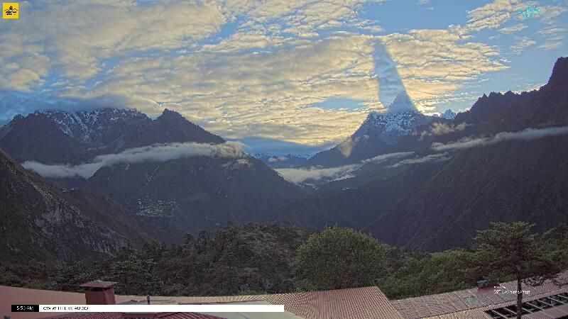 A wide view of several mountains, from left:

- Taboche (6,500 meters/21,325 feet)
- Mount Everest (8,848 meters/29,032 feet)
- Lhotse (8,516 meters/27,939 feet)
- Ama Dablam (6,814 meters/22,355 feet)