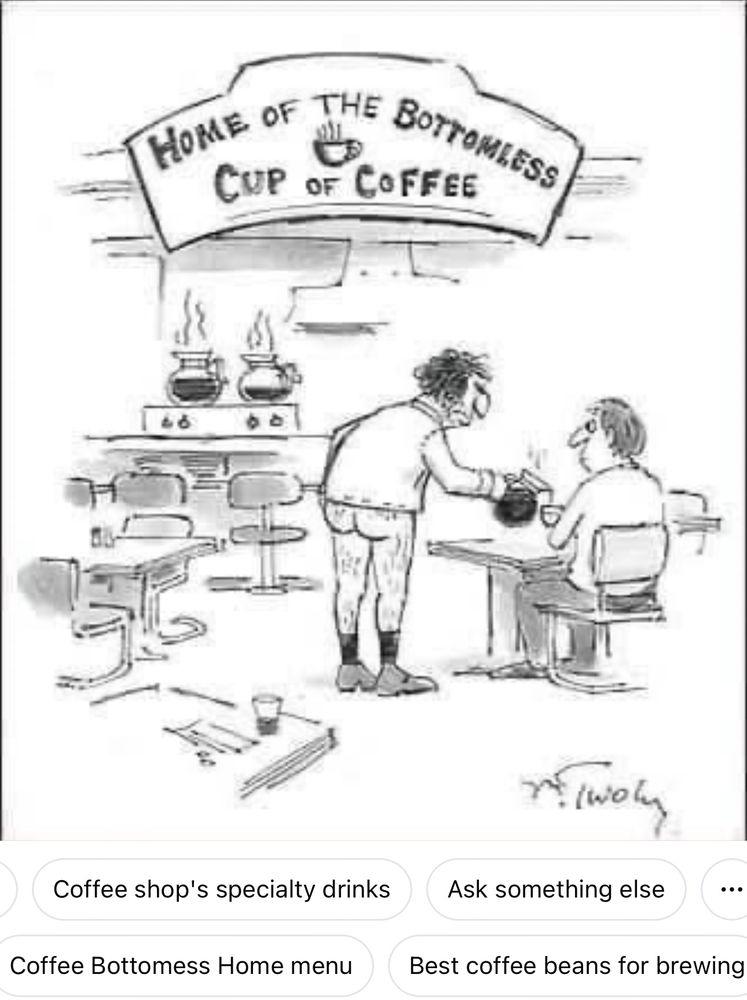 More Meta AI suggestions for the same cartoon: “Coffee shop’s speciality drinks,” “Coffee Bottomless Home menu,” “Best coffee beans for brewing,” and “Ask something else.”