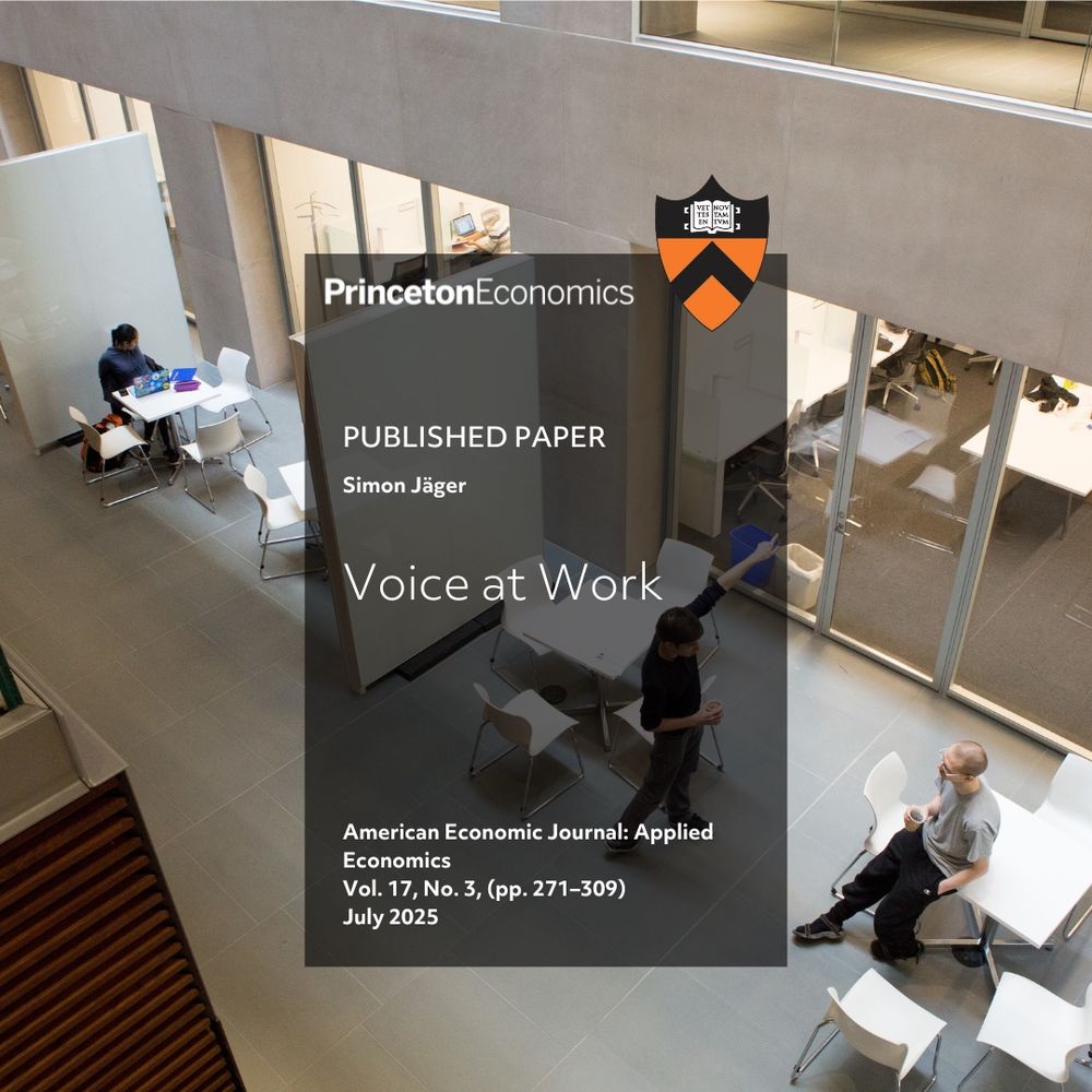 Interior view of a modern building with individuals working. A large poster displays information about a published paper titled "Voice at Work" by Simon Jäger, featured in the American Economic Journal: Applied Economics.