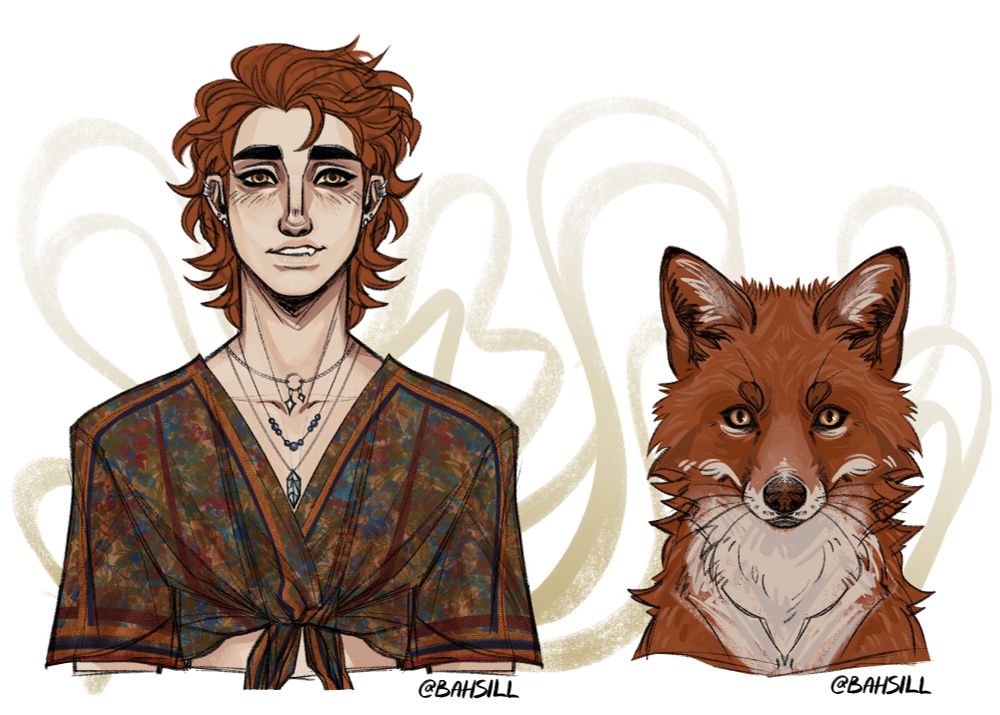 A humanoid character design bust, as well as that of a fox. The human figure has messy ginger hair in choppy layers that hit the base of their neck. They have softer facial features coupled with sharp, thick-lashed eyes and thick brows. They have a crooked smile with one sharp tooth poking out over their bottom lip. They have several piercings in both ears and are wearing three dainty necklaces: one beaded, one chain-link with a ring at the center and two diamond charms, and one with a smokey crystal dangling on the end. Their shirt is made up of earthy colors, with blocky lines overlaying floral patterns. It's comfortably oversized and flows into short sleeves, and is tied just below their chest to expose their midriff. The fox is vaguely reminiscent of the human design, with the same hue of ginger fur and the same golden eyes.