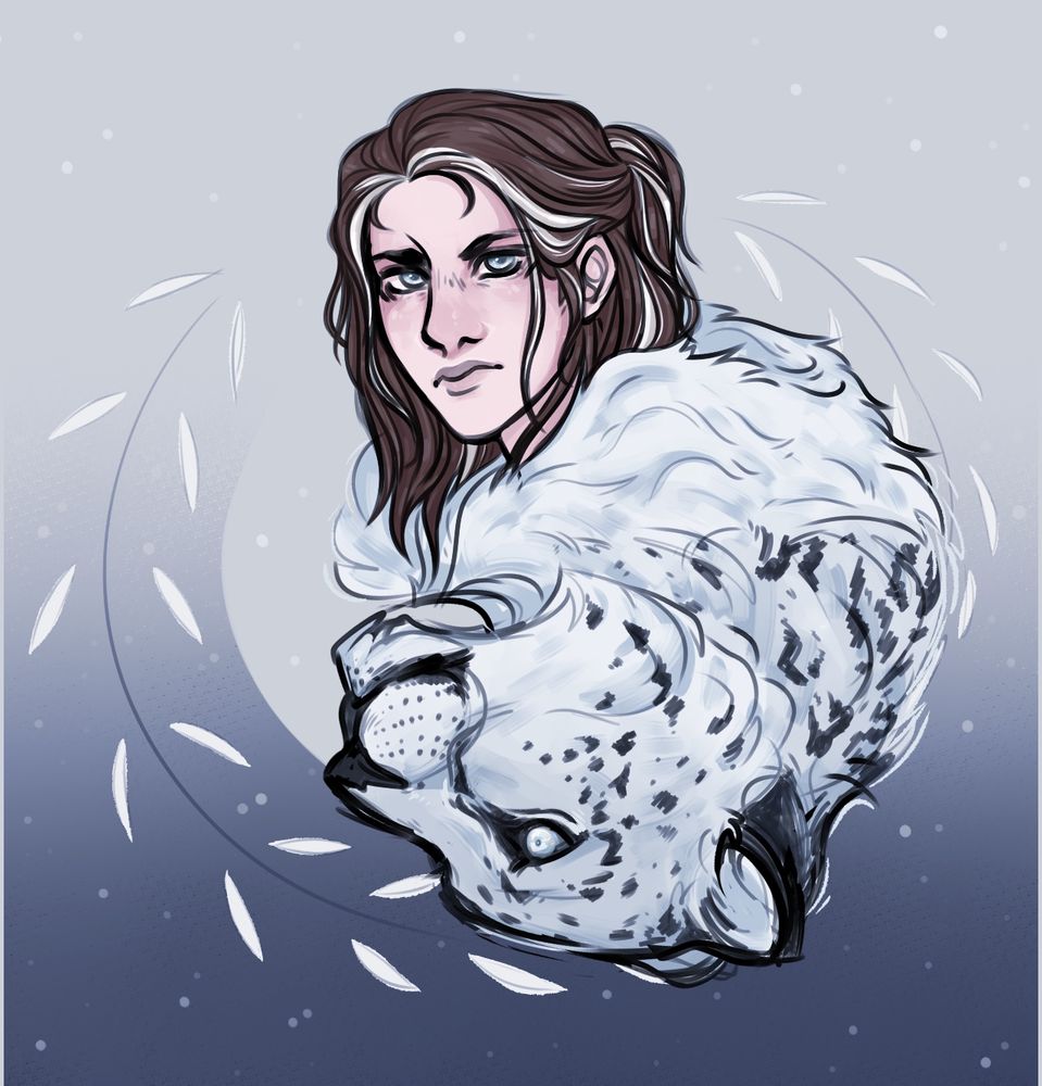 Cool-toned portrait of a woman mirrored over the profile of a snow leopard and ringed by white leaves. She is frowning like a Grump. Her name is Hela and I have done nothing with her in years 