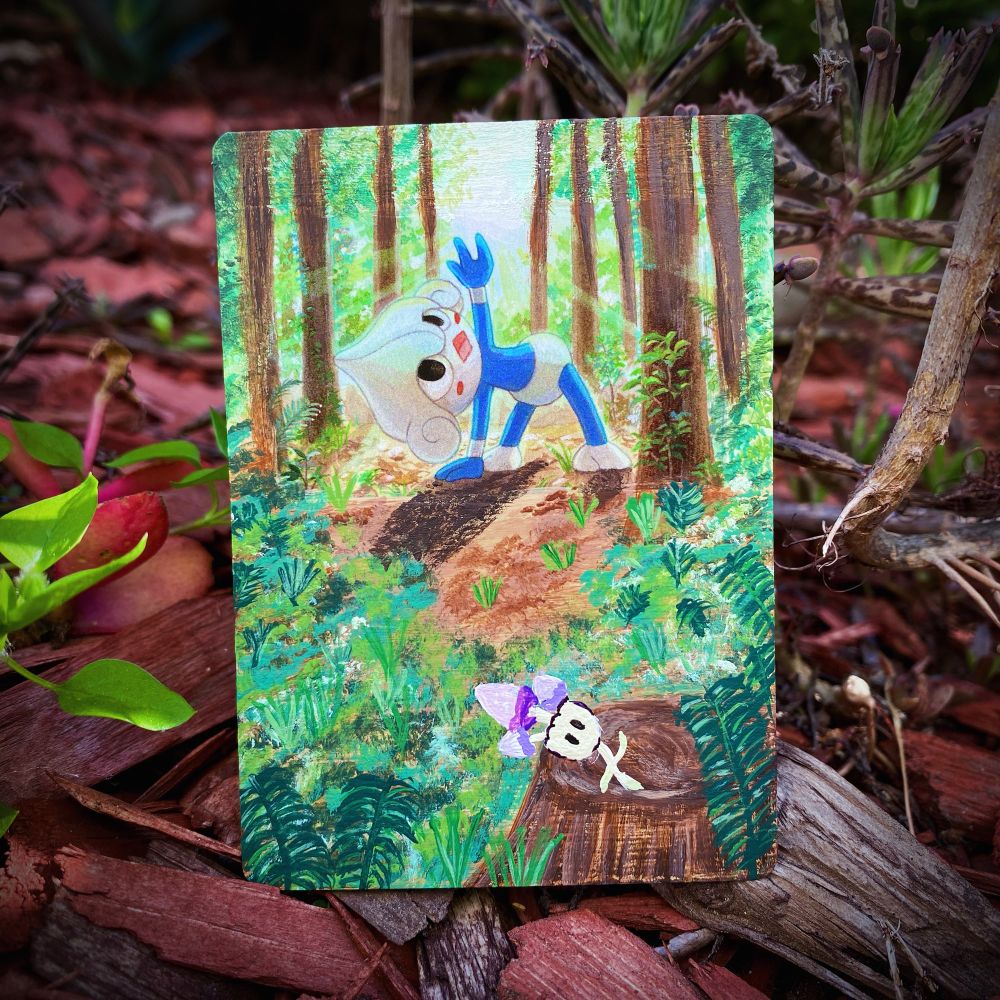 A painted pokemon card of the pokemon doing a yoga pose in the forest and in the foreground is a small mushroom pokemon doing the same pose