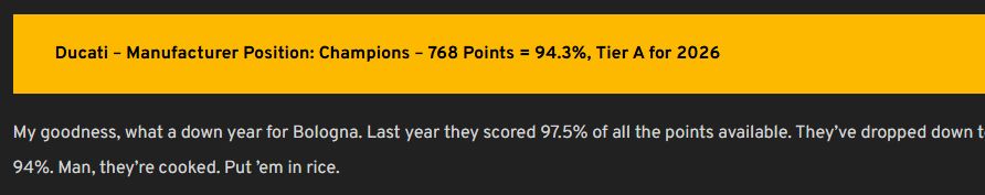 Ducati – Manufacturer Position: Champions – 768 Points = 94.3%, Tier A for 2026

My goodness, what a down year for Bologna. Last year they scored 97.5% of all the points available. They’ve dropped down to 94%. Man, they’re cooked. Put ’em in rice. 