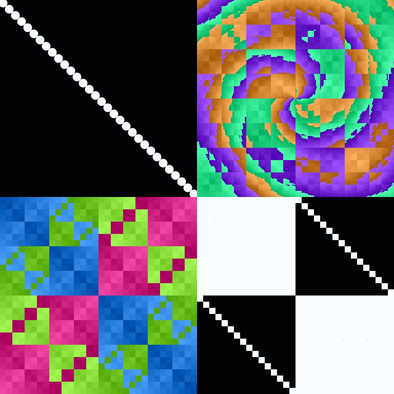 Four variations of the Munching Square display hack, ranging from the classic PDP-1 version, to a colorful RGB version, to a more abstract time-displaced spiral version of it.