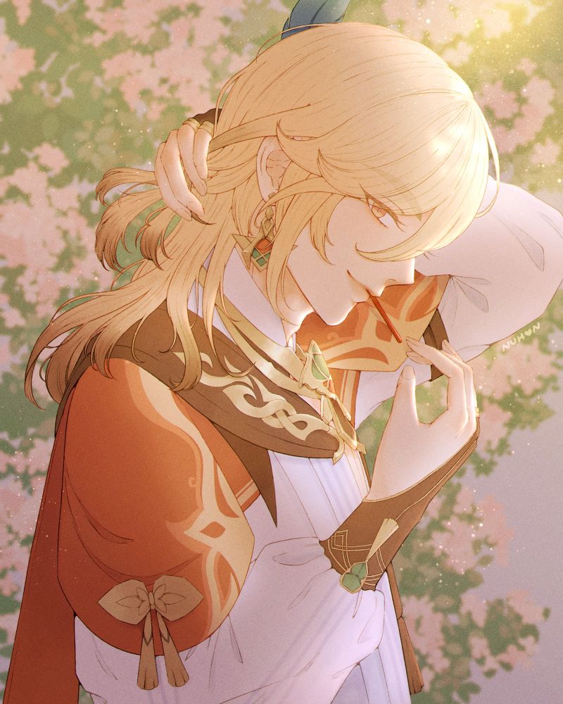 Fanart of Kaveh from the game Genshin Impact. He is fixing his hair.