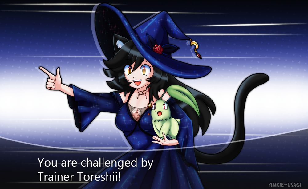 Toreshii as a Pokemon trainer with her partner Pokemon Chikorita. 

Artwork by Pinkie-Usagi - vgen.co/Pinkie-Usagi