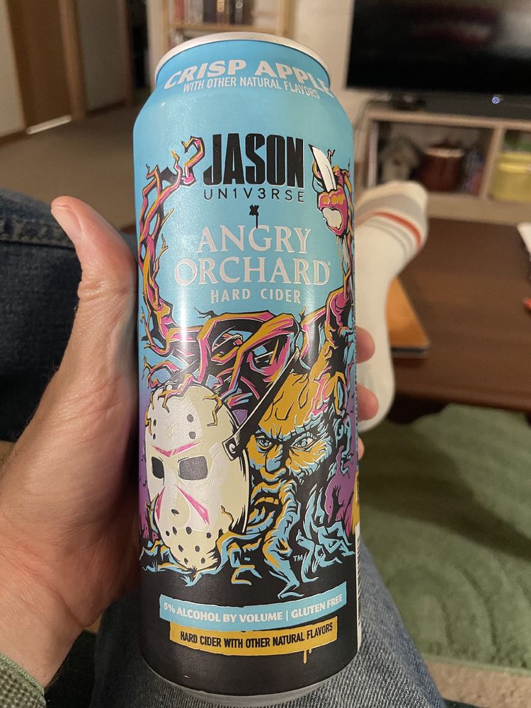 A commemorative, Friday the 13th / Jason Universe can of Angry Orchard 