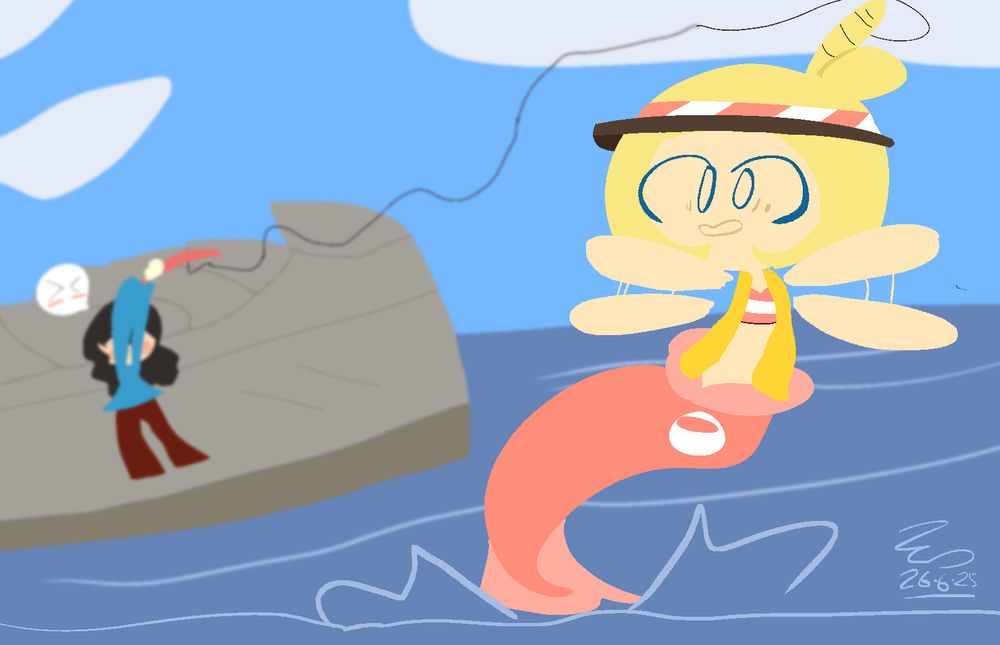 Coraline from Ultimate Angler (Streetpass) being pulled up by a fishing line, as a fish has taken the bait (her)!